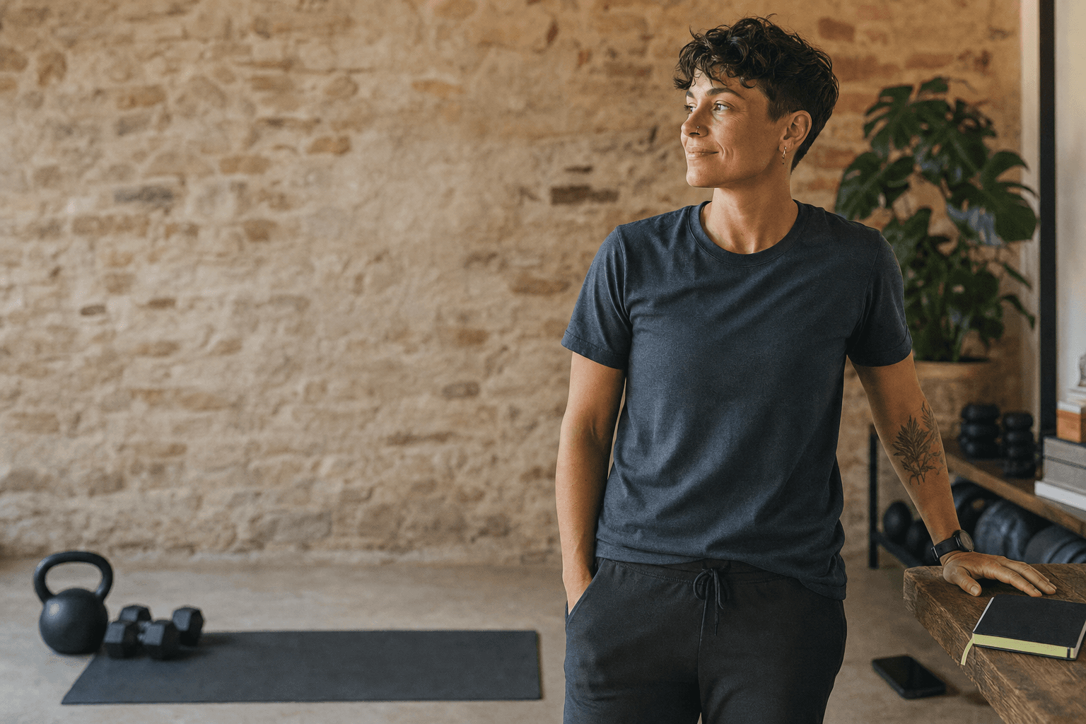 An online fitness coach in a warm training studio, ready to review client work.